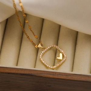 18K gold plated necklace with hollow square zircon pendant and heart detail
