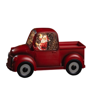 Vintage red Christmas truck snow globe with Santa Claus and sparkling gold glitter