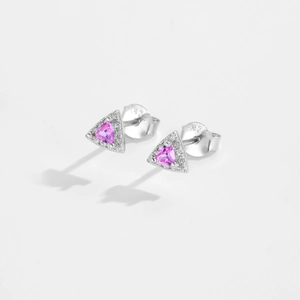 Detail of S925 sterling silver stud earrings with triangle pink gems and micro zircons