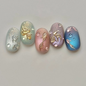3D Goldfish Relief Press On Nails Gradient Cat Eye Shimmer ABS Detachable False Nails With Water Drop Decor Sweet Women