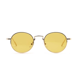 Detailed front view of retro small round sunglasses with gold metal frame and yellow lenses