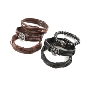 Detailed set of 8 multilayer leather bracelets featuring Tree of Life and cross charms