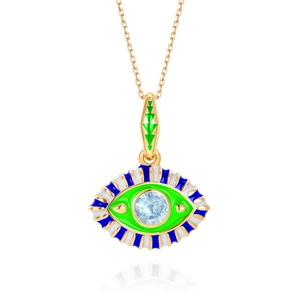 Detailed view of evil eye pendant with blue crystal and gold plating on white background