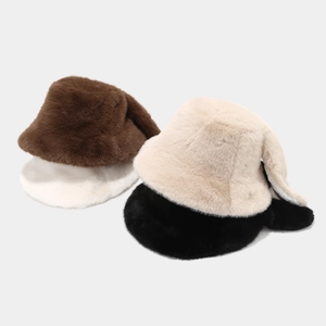 Winter fluffy faux mink fur bucket hats with cute bunny ears in brown and beige tones