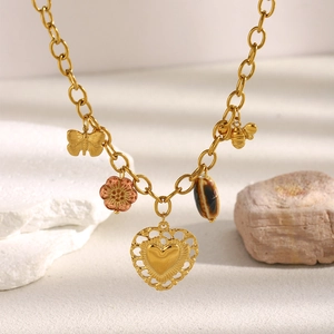 Hollow Heart Butterfly Bee Flower Multi Pendant Necklace Stainless Steel 18K Gold Plated Retro O-Chain For Women