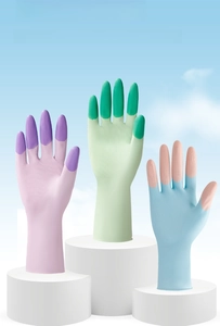 Detail of latex cleaning gloves with non-slip texture and stylish contrast color design