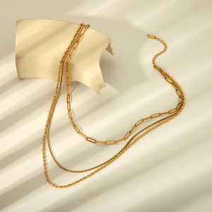 Three-layer gold stainless steel necklace with paperclip, box and bead chains