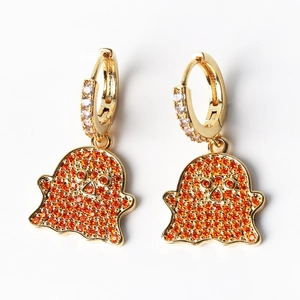 Golden Halloween ghost earrings with orange cubic zirconia stones and round hoops