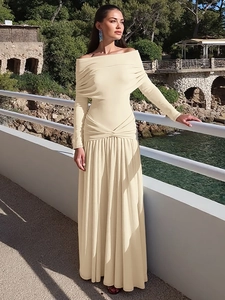 Elegant off-shoulder long sleeve pleated maxi dress in beige for chic outdoor fashion