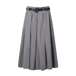 Elegant grey pleated midi skirt with black belt in high-quality fabric for women