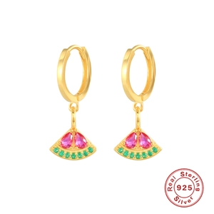 Detailed macro view of S925 sterling silver gold hoop earrings with watermelon charms