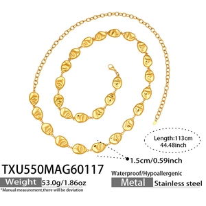 Macro detail of waterproof golden stainless steel drop link waist chain with sizing info