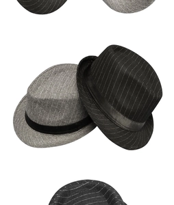 Detail of grey and black striped wool fedora hats with elegant satin ribbon band