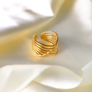 Minimalist multi-layer 18K gold-plated stainless steel cross open ring on white silk