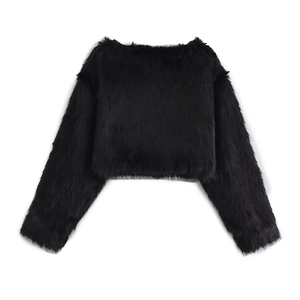 Detail shot of black faux fur texture on long sleeve cropped faux fur jacket