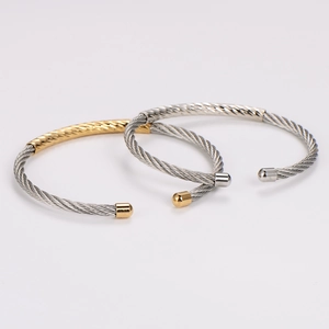 Two-tone 18K gold and silver plated stainless steel cable cuff bracelets set