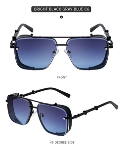 Front and 45-degree side views of black square metal sunglasses with gray gradient lenses