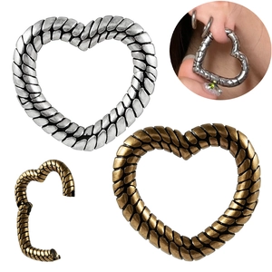 Vintage Heart Hoop Earrings Antique Copper Textured Striped Scale Pattern Large Hinged Clicker Jewelry For Women