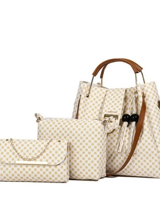 Three-piece women's handbag set with gold geometric patterns on white base