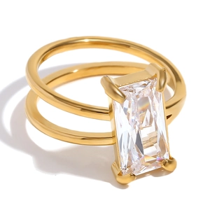 18K gold plated double layer stainless steel ring with rectangular zircon stone