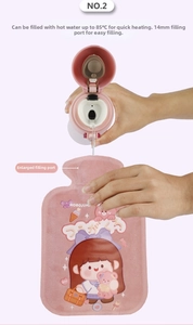 Pink plush hot water bottle with large opening for easy filling and cute cartoon design