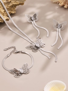 Detailed view of silver S925 butterfly jewelry set with sparkling zircon stones
