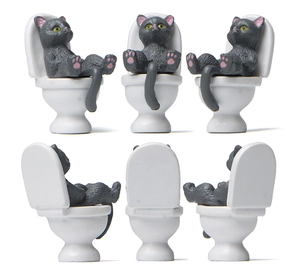Detailed views of 6 miniature grey resin cats sitting on white toilets for desktop decor