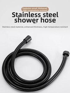 Close-up of black explosion-proof thickened stainless steel shower hose with high heat resistance