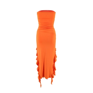 Detail of orange tube midi dress featuring side ruffles and pleated slim fit design