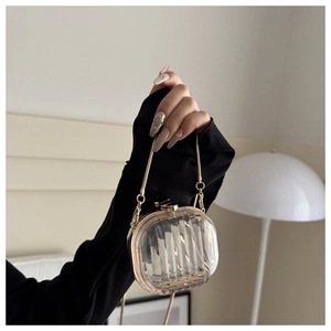 Detailed view of clear acrylic box bag with gold metal frame and vertical stripe texture