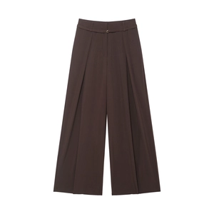 Pantaloni A Gamba Larga Vita Alta Marrone Caffè Poliestere Con Cintura Sottile Casual Morbidi Ufficio Moda Donna