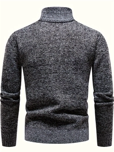 Rear view of a men's marl grey knit sweater featuring a high collar and ribbed texture