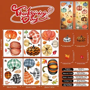 Detail of 38-piece Thanksgiving window clings with watercolor pumpkins and maple leaves
