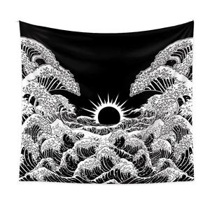 Detail of black and white Japanese wave tapestry with sun element on polyester fabric