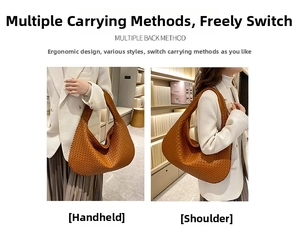 Detailed view of brown woven hobo bag showing large capacity and hand-held mode
