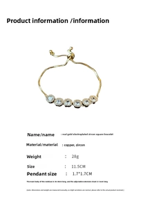 Detail of gold plated square zircon bracelet with adjustable sliding clasp for women