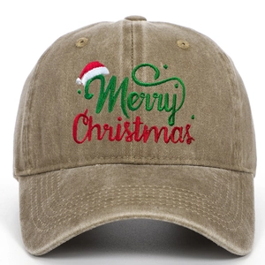 Macro view of khaki distressed washed baseball cap with Merry Christmas embroidery