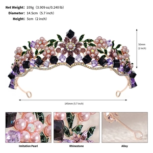 Detailed size chart and specifications for the vintage floral bridal rhinestone crown
