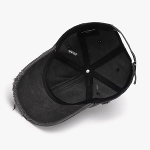Internal view of dark grey washed cotton baseball cap with embroidery and distressed details