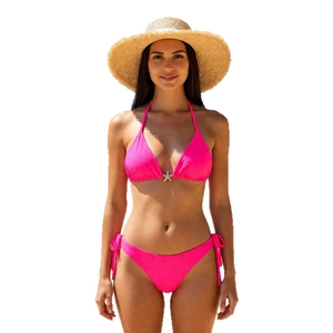 Bright pink two-piece bikini set with silver starfish decor and halter neck ties