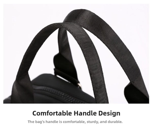 Detail of durable black woven handles and metal zipper on a nylon shoulder bag