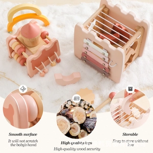 Detail of a pink wooden educational toy with smooth surfaces and storage function