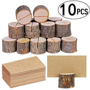 Set of 10 rustic wood card holders with natural bark and brown kraft paper cards