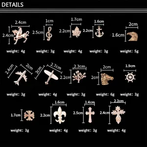 Vintage metal mini brooches size chart with maple leaf, aircraft and animal shapes