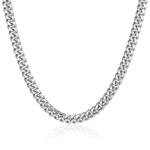 Polished silver stainless steel Cuban link necklace for men and women on white background