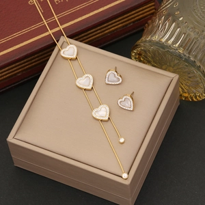 Heart Shape Necklace And Earrings Jewelry Stainless Steel Gold Plated Rhinestone White Shell Elegant Style For Women