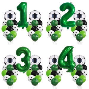 Soccer theme birthday balloon set with green foil number and latex football decorations