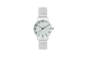 Detail of white quartz watch with artistic distorted numbers and stretchable band