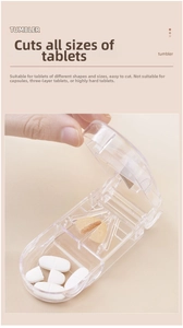 Close-up of a portable pill cutter with sharp metal blade and storage compartment