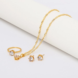 Classic 3-piece gold jewelry set with six-claw zircon necklace, ring and earrings